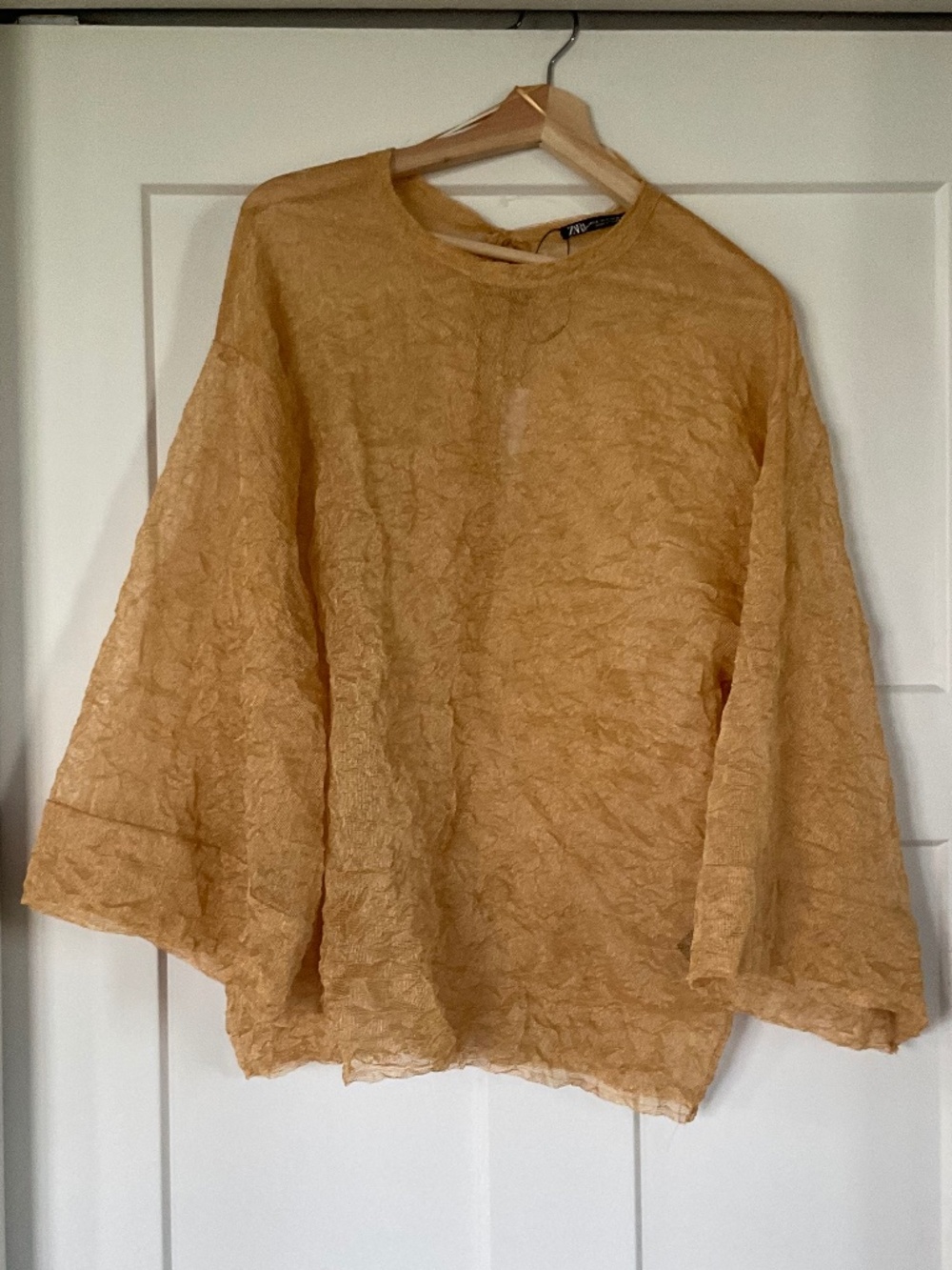 ZARA Gold Mesh Sheer Wide Long Sleeve Loose Fit Top Tie in Back